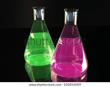 Glass Erlenmeyer Flasks with Green and Red Liquid