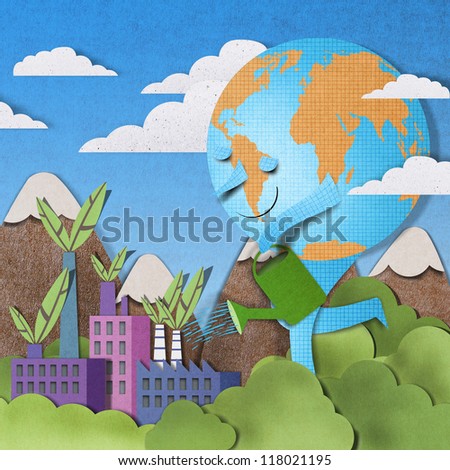 recycled paper craft stick on background ,Green world and safe world concept.