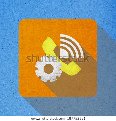 Recycled paper craft on blue background, Telephone, Gear ,Signal