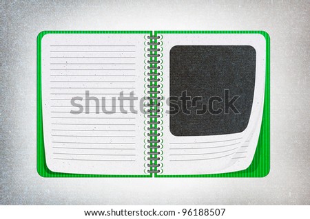 isolated green texture notebook on white,recycled paper craft stick on white background , open notebook on left and right side, photo book.