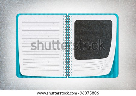 isolated blue texture notebook on white,recycled paper craft stick on white background , open notebook on left and right side, photo book.