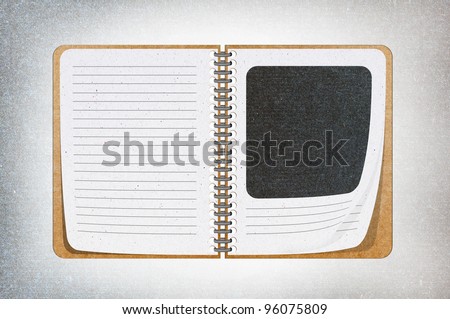 isolated brown texture notebook on white,recycled paper craft stick on white background , open notebook on left and right side, photo book.