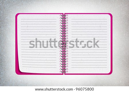 isolated pink texture notebook on white,recycled paper craft stick on white background , open notebook on left side.