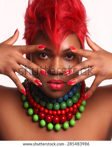 fashion black girl with   pink hair , pink nails and pink lips