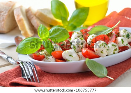 Salad with tomatoes, mozzarella and basil, served with Italian ciabatta bread