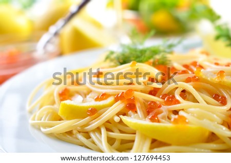 Italian spaghetti with lemon sauce and Russian trout caviar