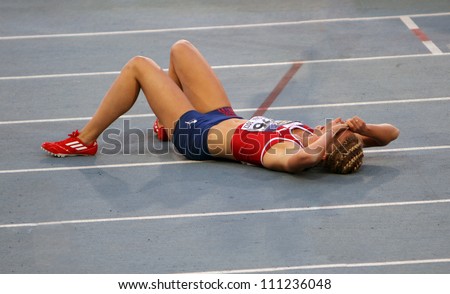 BARCELONA SPAIN JULY 14 Vilde J Svortevik from norway after 400 meters hurdles final on the 2012 IAAF World Junior Athletics Championships on July 14 2012 in Barcelona Spain BARCELONA SPAIN JULY 14 Vilde J Svortevik from norway after 400 meters hurdles final on the 2012 IAAF World Junior Athletics Championships on July 14 2012 in Barcelona Spain