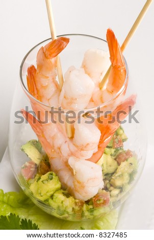 Cup of Avocado Salsa and Shrimp Skewers
