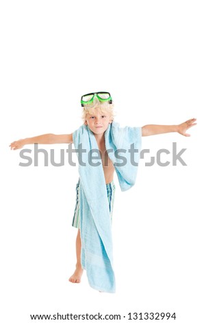 Portrait of a beautiful curly blond European boy wearing swimming shorts. Studio shot, isolated on white background.