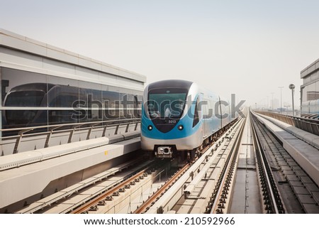DUBAI - CIRCA MAY 2014: Train of the longest metro line in Dubai, Emirates in CIRCA MAY 2014.