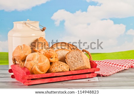 bread and milk in a bottle on a background of the sky - a picnic