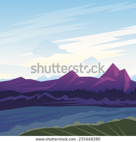 Landscape illustration, mountains in morning with fog in valley, nature background