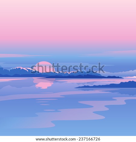 River sunset landscape with clouds and mountains in purple colors, nature landscape illustration,