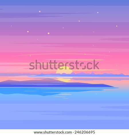 Sea sunset landscape with clouds and islands in purple colors, nature landscape illustration