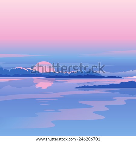 River sunset landscape with clouds and mountains in purple colors, nature landscape illustration,