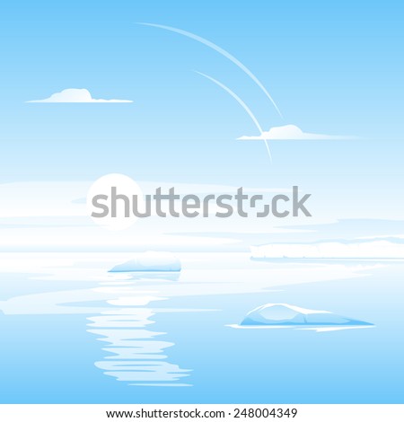 Sea with small icebergs, calm ocean, landscape illustration