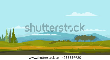 Nature landscape with green hills and mountains, trees and spruces, ground with grass, sample geometric shapes, game background, panorama