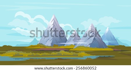 High mountains with sharp peaks and green piedmont in clouds, hills in grass with lake, nature landscape, quality illustration