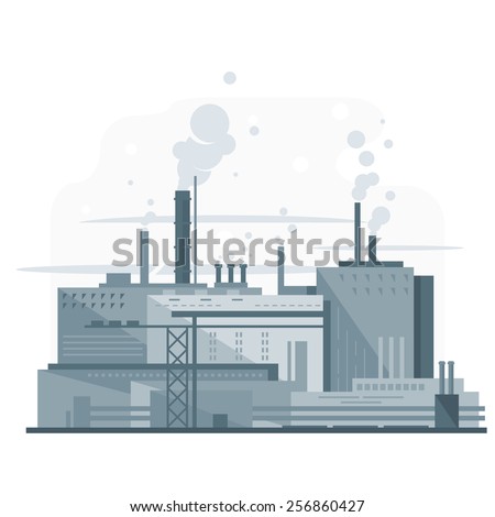 Industrial factory, manufacturing plant in gray colors with smoke from chimney, environmental pollution, flat style, isolated