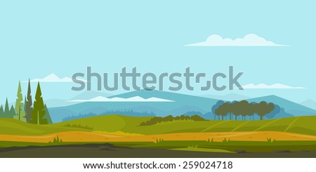 Nature landscape with green hills and mountains, trees and spruces, ground with grass, sample geometric shapes, game background, panorama