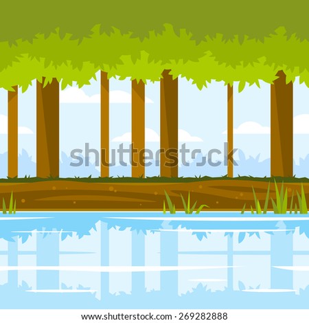 Trees with green leaves near the river with cane and reflection, ground with plants, forest landscape, nature game background, tileable horizontally