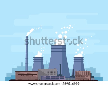 Thermal power station, industrial factory, manufacturing plant with smoke from chimney, environmental pollution, flat style, isolated