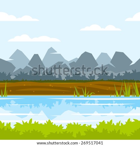 Cartoon mountains near the river with cane and reflection, ground with plants, fishing place, green bushes, nature game background, tileable horizontally