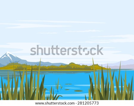 Lake with bulrush plants, cane and lily, big mountains with snow peaks, mountains, forest hills, fishing place, nature landscape