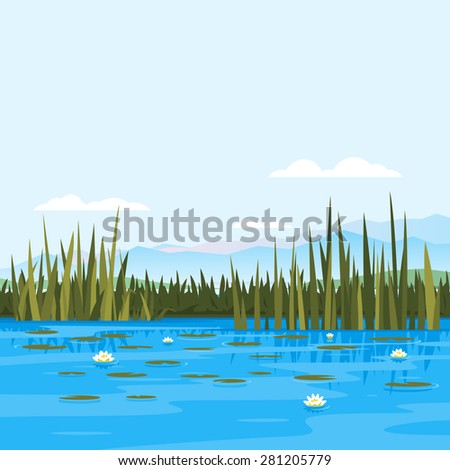 Lake with water lily and bulrush plants, fishing place, pond with blue water, lake travel background, nature landscape