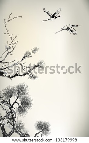 Ink Style Pine Tree And Crane