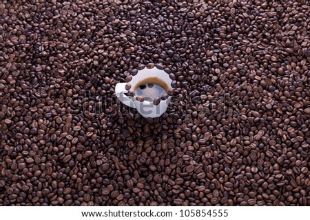 Coffee cup on a lot of coffee beans