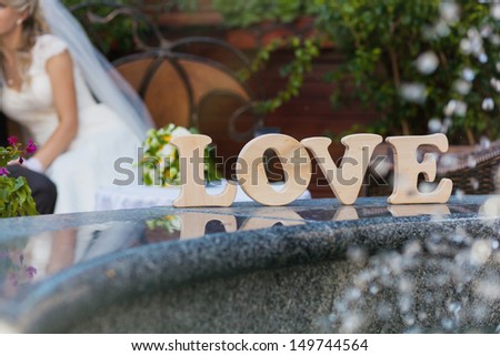Word love on the background of the bride