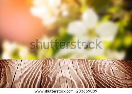 abstract blur spring blossoming garden background with wooden floor