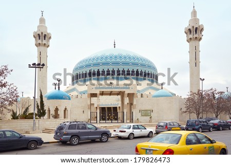 AMMAN, JORDAN - FEBRUARY 4: King Abdullah I mosque, street view, in Amman,  Jordan on February 4th, 2014. The also known as blue mosque was built between 1982 and 1989.