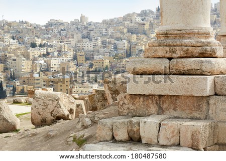 Column of temple of Hercules on the Amman citadel with city view, Jordan