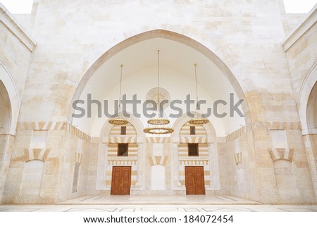 AMMAN, JORDAN - FEBRUARY 4: King Hussein Bin Talal mosque interior in Amman, Jordan on February 4th, 2014. This is the largest mosque in the country.
