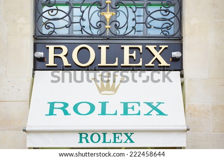 PARIS - JULY 8: Rolex shop sign in place Vendome in Paris. The company founded in 1905 in London, in 1915 moved his base in Geneva, Switzerland on July 8, 2014 in Paris.