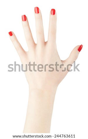 Red nail polish on woman hand raised up isolated on white, clipping path included