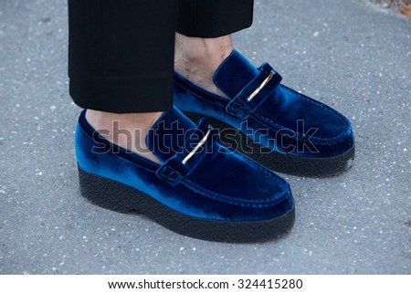 PARIS - OCTOBER 1: Blue velvet shoes before Chloe show, Paris Fashion Week Day 3, Spring / Summer 2016 street style on October 1, 2015 in Paris.