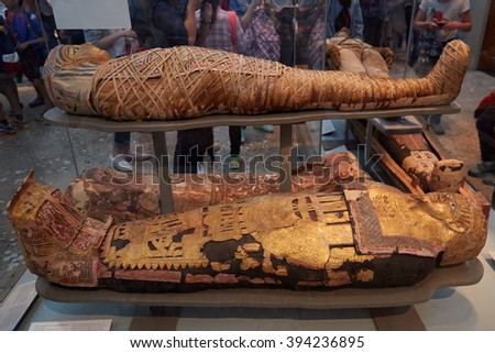 LONDON - AUGUST 5: Mummies and sarcophagus in British museum on August 5, 2015 in London, UK. Mummies from Roman period in the museum collection.