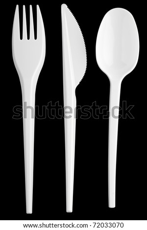 Plastic silverware set isolated, clipping path included, fork, knife, spoon