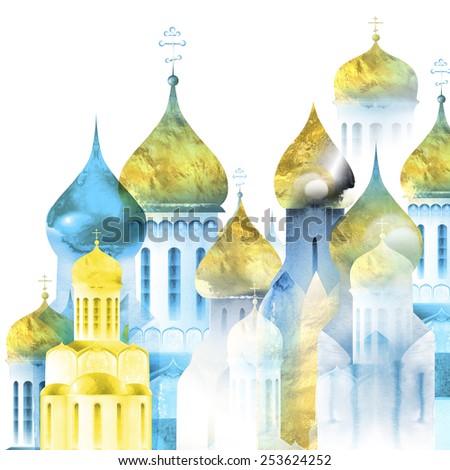 The illustration - drawn with ink, watercolor and pen Russian church as an imitation of an engraving and an element of architecture