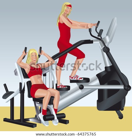 illustration about aerobics and fitness pretty girls are doing exercises on simulators