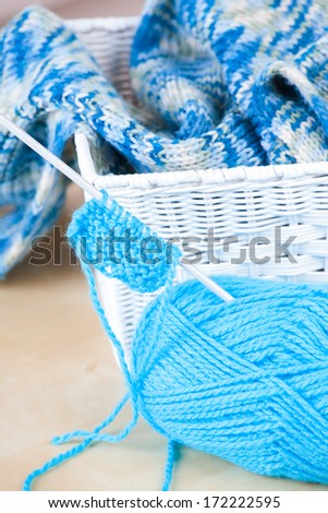 Basket with ball of knitting yarn and knitting needle