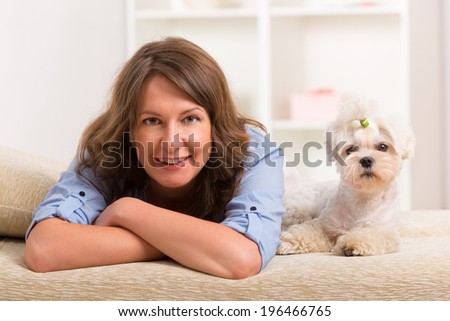 Little dog maltese with his owner on the sofa in home