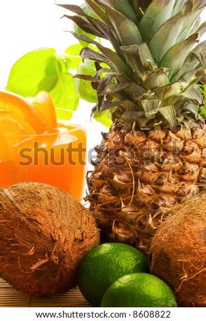 Tropical food and drink. Delicious fruits.