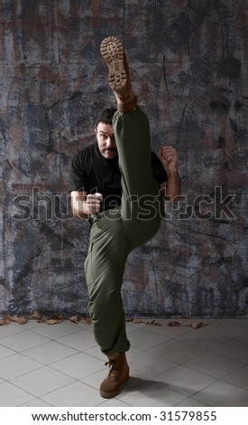 Portrait of man practice martial arts - high kick