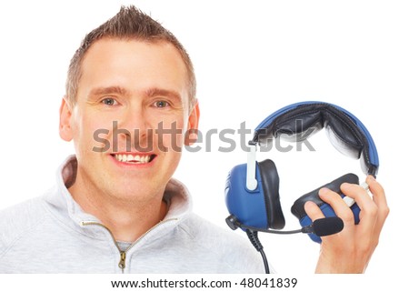 Cheerful man pilot with headset used in aircraft isolated on white background. Similar headphones are - stock-photo-cheerful-man-pilot-with-headset-used-in-aircraft-isolated-on-white-background-similar-headphones-48041839