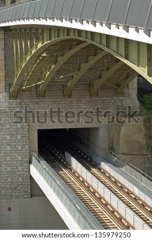 Underground Metro train track underneath bridge, Lausanne, Switzerland.