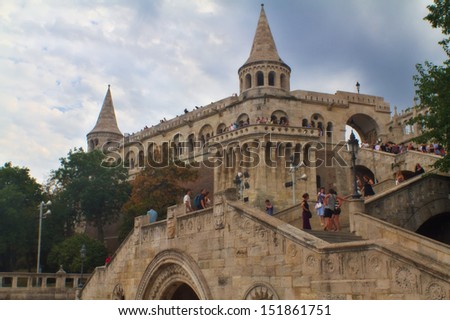 BUDAPEST, HUNGARY-13 AUGUST: Fisherman\'s Bastion on August 13,2013 in Budapest.Fisherman\' s Bastion is a terrace in neo-Gothic and neo-Romanesque style.It was designed and built between 1895 and 1902